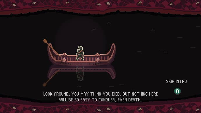 Our hero, a ninja of some kind, rides a small boat on a black river to the land of the dead.