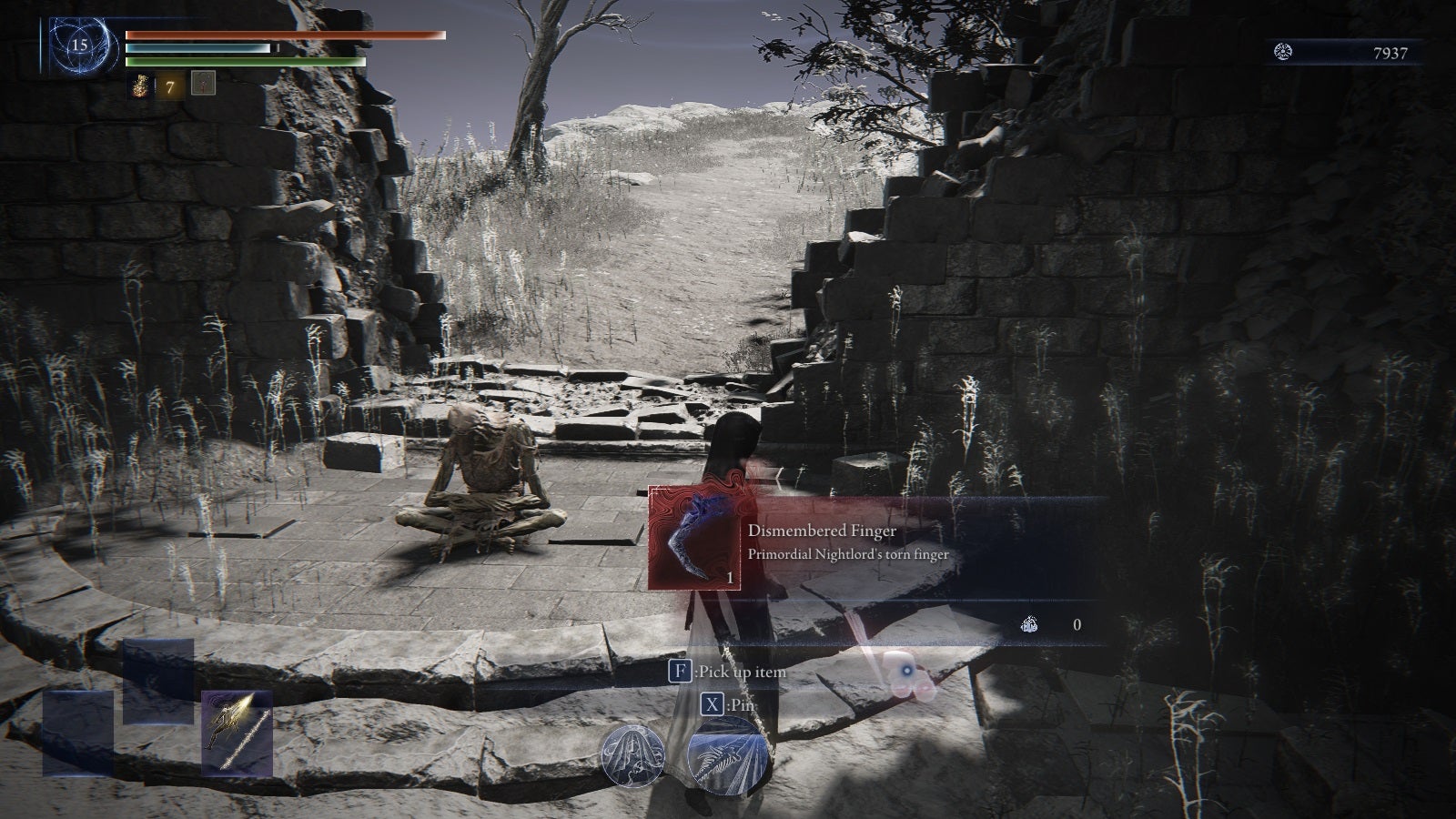 Undertaker prepares to use the Dismembered Finger on a corpse in the endgame of Elden Ring Nightreign. - 6