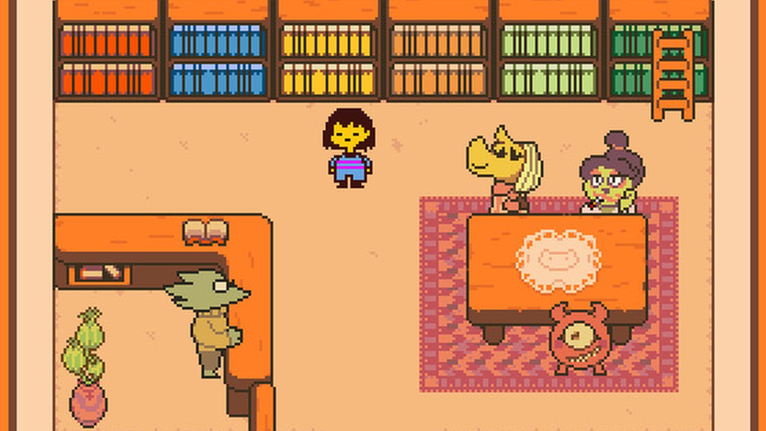 A girl, rhino and a woman stand in a library in Undertale - 9