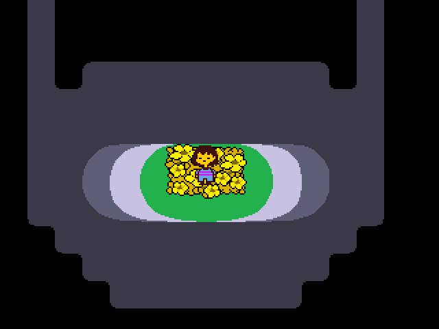Frisk can be seen in a flower garden in Undertale
