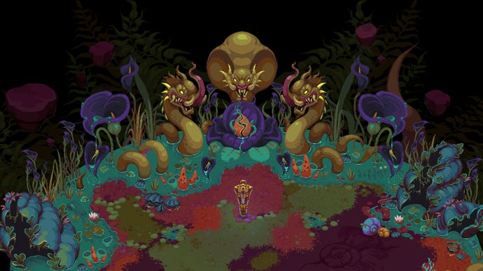 A spooky scene showing three giant serpent monsters in Undungeon