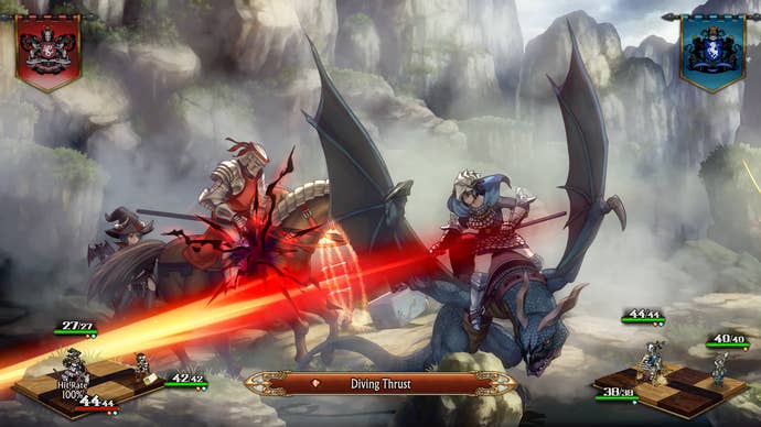 Unicorn Overlord battle scene: a shielded, armoured knight fights a unit mounted on a wyvern in the dust of a mountain pass.