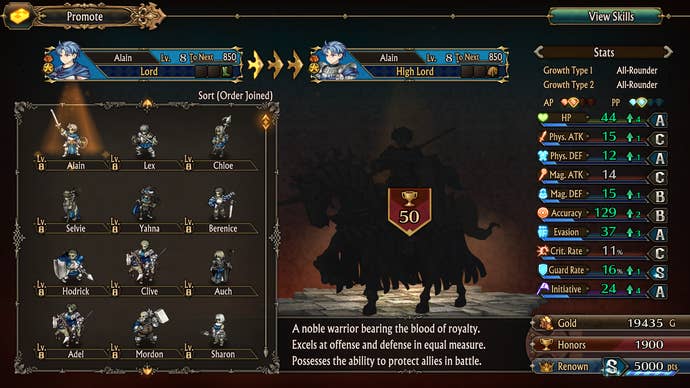 A promote unit screen in Unicorn Overlord, abuzz with stats, information, and points that clutter the screen.