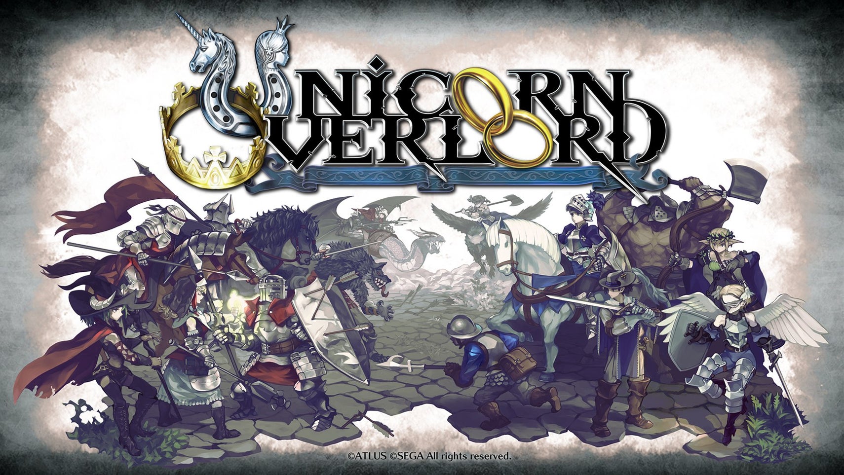 Two sets of armies facing off against each other, with the logo for Unicorn Overlord above them. - 1