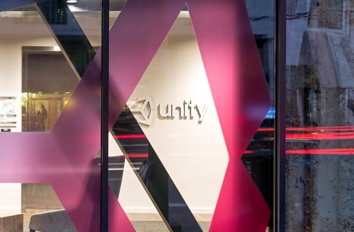 A photograph through the window of Unity’s San Francisco office.