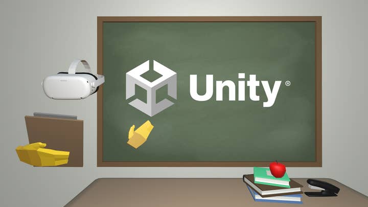 A Unity logo on a chalkboard in a low-fidelity 3D rendering of a classroom with an Oculus Quest headset and polygonal hands serving as the "teacher"