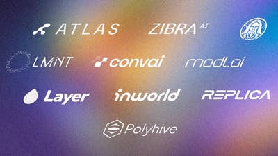 An assortment of logos for Unity's AI asset store partners on a colorful background. The partners include Atlas, Zibra.AI, Lmnt, Convai, Modl.ai, Layer, Inworld, Replica, and Polyhive