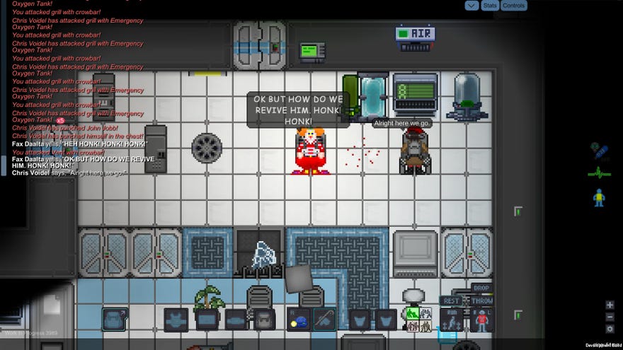 A screenshot of Unitystation showing a 2D, topdown view of the inside of a spaceship. At the centre of the image stands a clown, who is saying, “OK BUT HOW DO WE REVIVE HIM. HONK! HONK!"