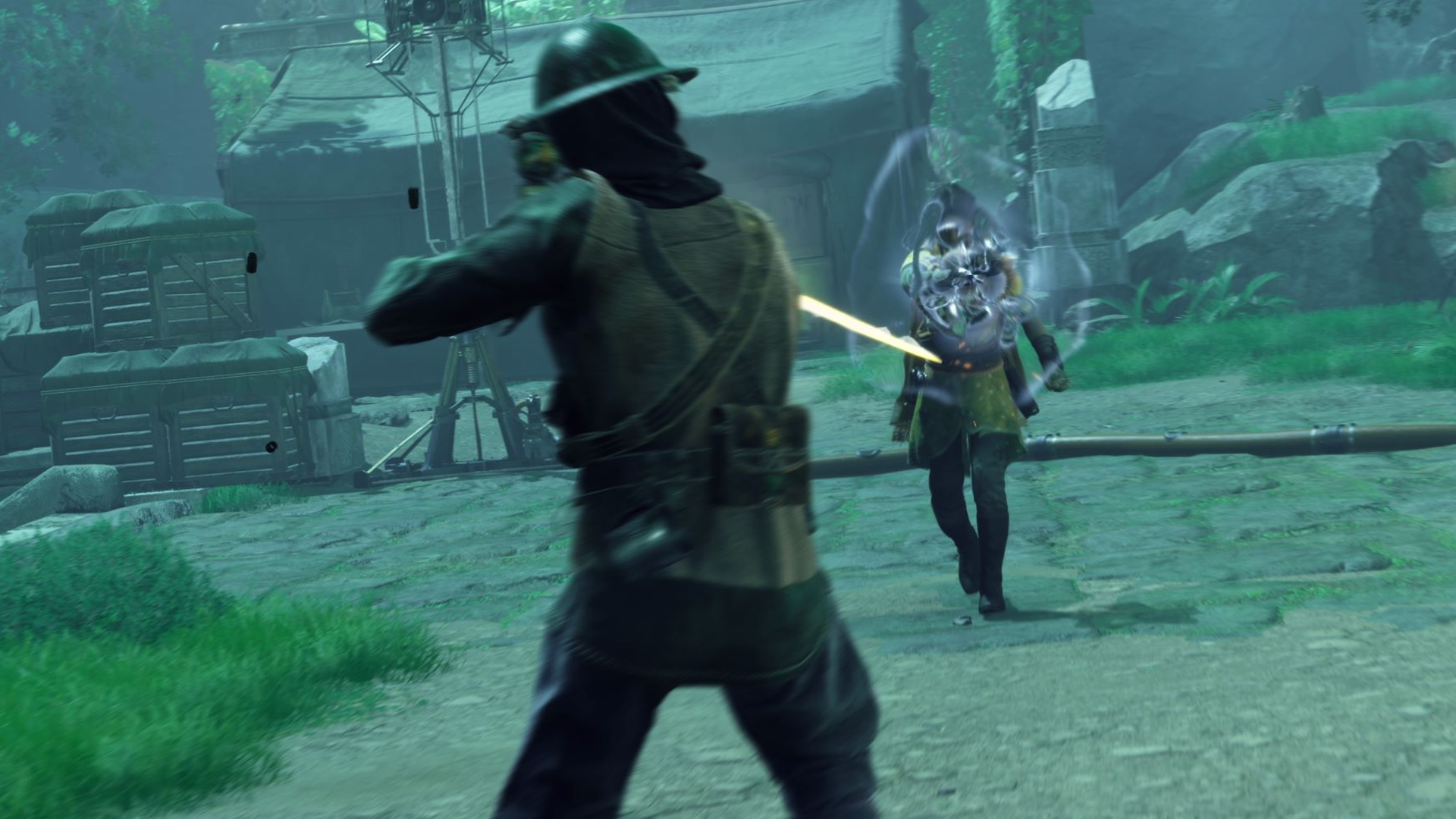 Unknown 9: Awakening protagonist Haroona blocks gunfire from an enemy dressed in World War I gear using a telekinetic shield power