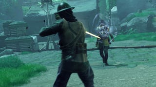 Unknown 9: Awakening protagonist Haroona blocks gunfire from an enemy dressed in World War I gear using a telekinetic shield power