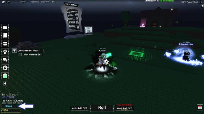 A screenshot from Unknown RNG in Roblox showing the game's codes button.