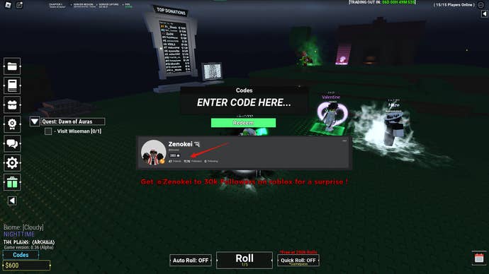 A screenshot from Unknown RNG in Roblox showing the game's codes page.