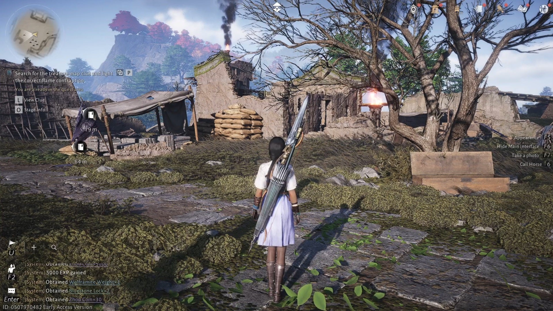 Standing in a courtyard fortress in Where Winds Meet. A lit torch (that needs to be unlit to solve a puzzle) is visible in the distance. - 6