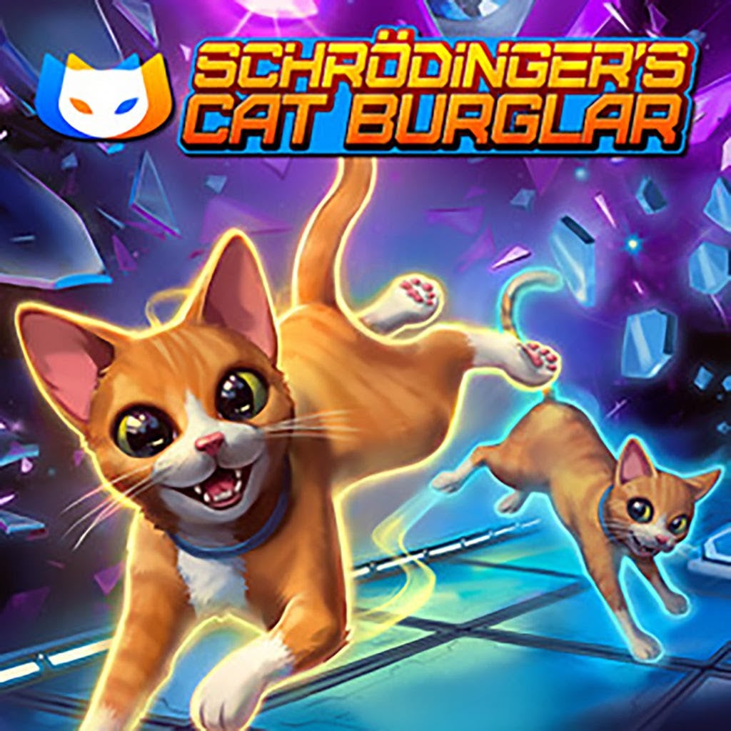 Older key art for Schrodinger's Cat Burglar, showing a ginger cat and one of his clones bounding across a blue and purple science-y backdrop.