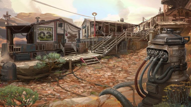 A drawing of a muddy street lined by low retro sci-fi houses with cables poking out of a structure in the bottom right. - 14