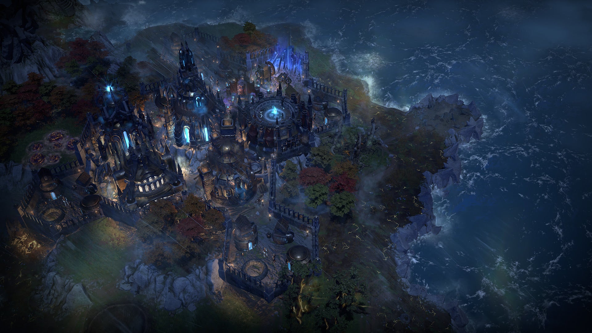 A moody dark region in Endless Legend 2, with a glowing city near a shore - 4