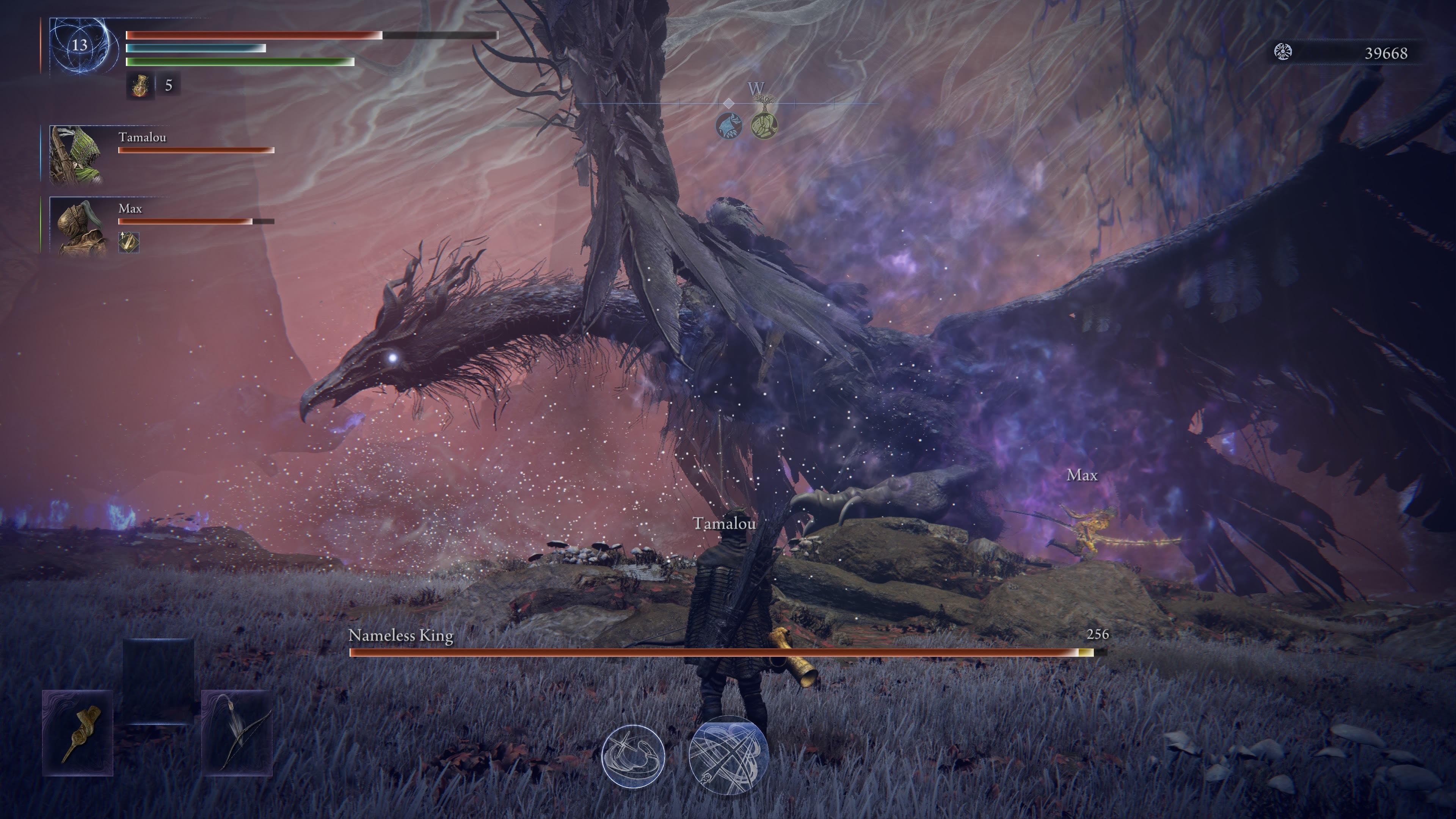 Elden Ring Nightreign screenshot showing boss encounter with The Nameless King, riding a huge dragon