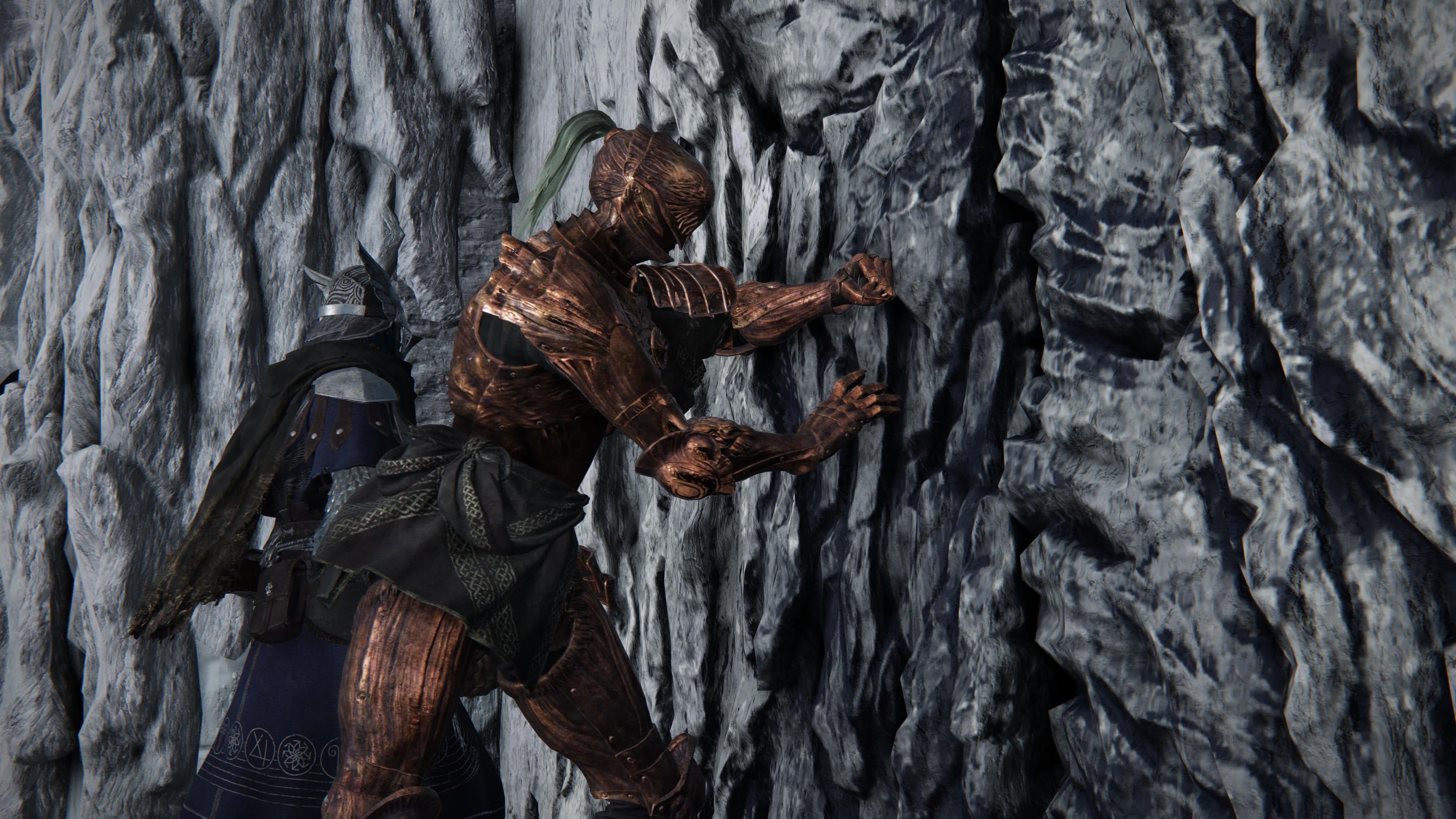 Elden Ring Nightreign screenshot showing two characters in armour pushing against a stone wall