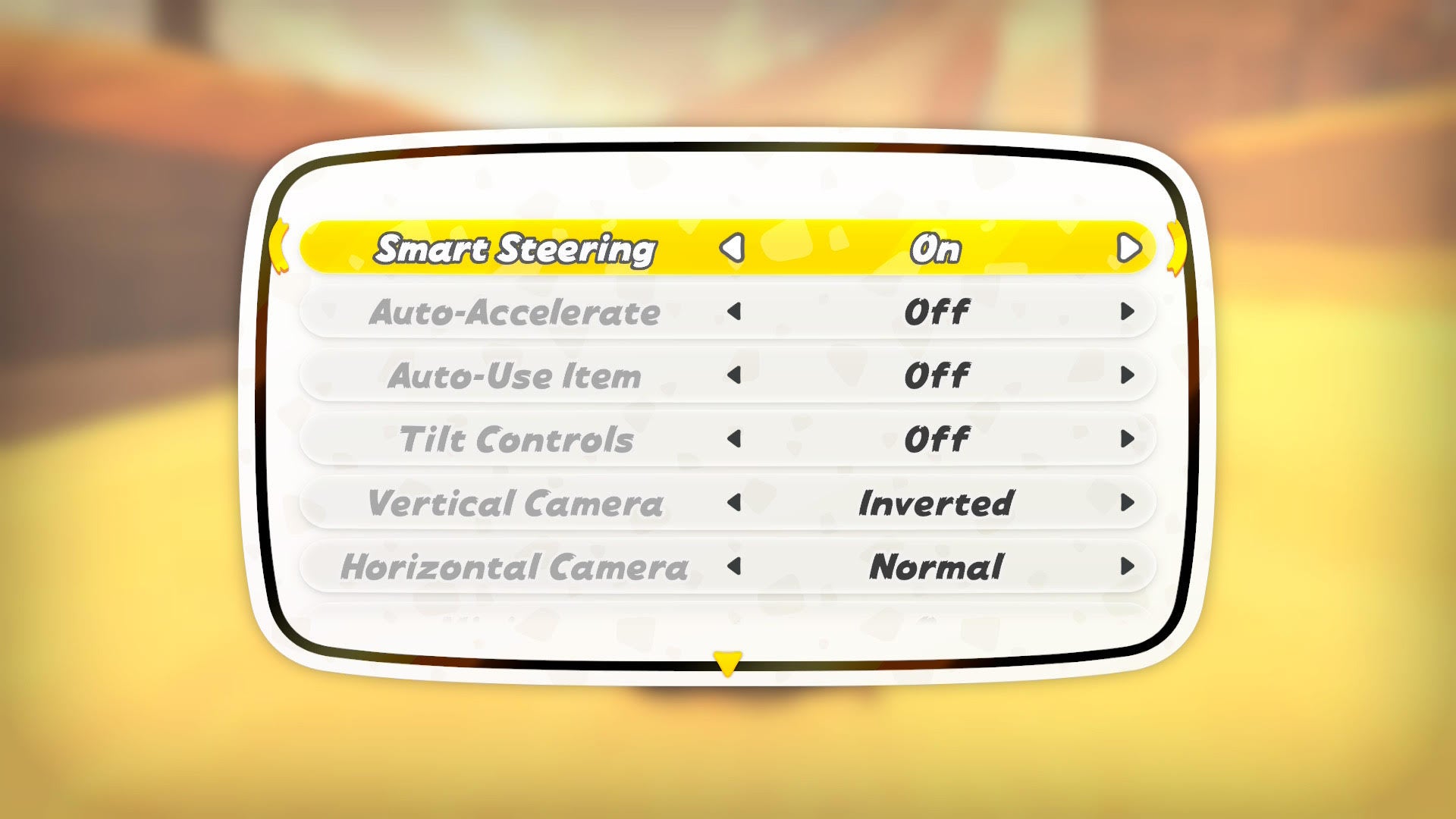 Screenshot of Mario Kart World showing control options