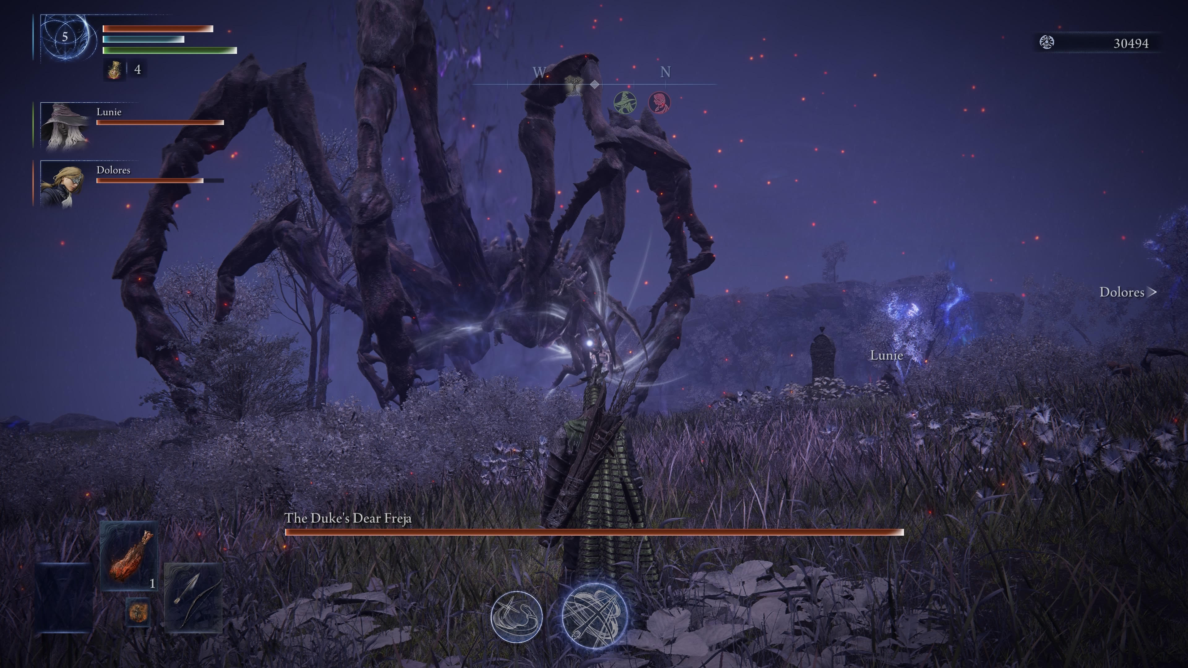 Elden Ring Nightreign screenshot showing boss encounter against giant spider called Freja