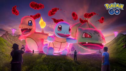 Pokémon Go Dynamax artwork shows Bulbasaur, Squirtle and Charmander.