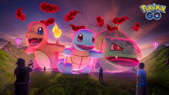 Pokémon Go Dynamax artwork shows Bulbasaur, Squirtle and Charmander.