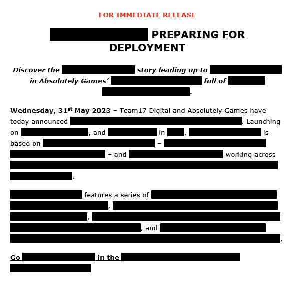 Team17's press release is almost entirely redacted