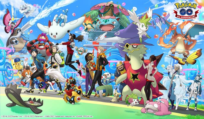 Pokémon Go's sixth anniversary artwork, featuring Mateo and a mystery lady.