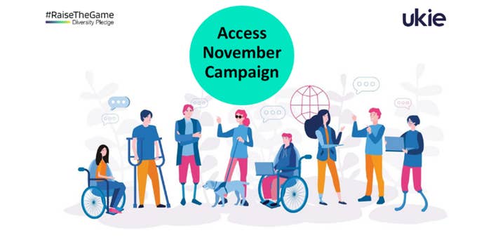 A group of differently able people congregate beneath a circle that says “Access November Campaign”