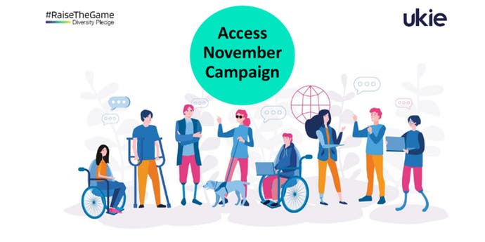 A group of differently able people congregate beneath a circle that says "Access November Campaign"
