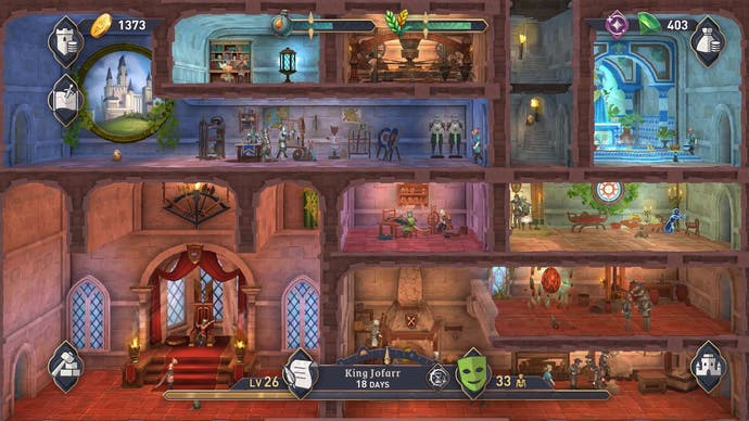 A screenshot from The Elder Scrolls: Castles showing multiple interlinked castle rooms viewed from side-on.
