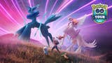 Pokémon Go Tour: Hoenn artwork featuring Origin Forme Dialga and Palkia walking with a player avatar through grass while space-time effects whirl through the sky.