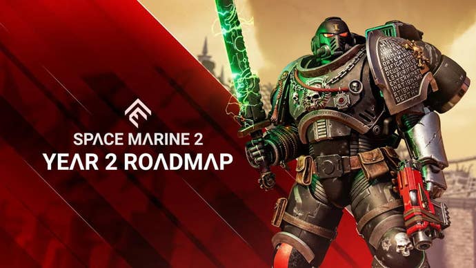 A Space Marine successful colourful armour holding a crackling greenish powerfulness sword and a reddish bolter handgun adjacent to the words "Space Marine 2 Year 2 Roadmap".