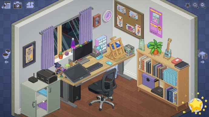 An isometric cutaway of an artist’s office in the game Unpacking, with a sophisticated drawing tablet and computer as well as a lot of cute desk toys