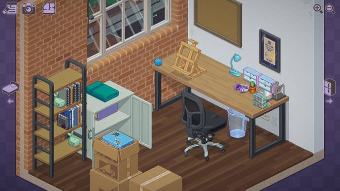 A small, partially unpacked office room in Unpacking, with a desk and chair, and empty shelf, and a lot of cardboard moving boxes to unpack