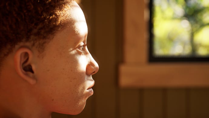 Light shines onto a boy’s face in an Unreal Engine 5 tech demo.