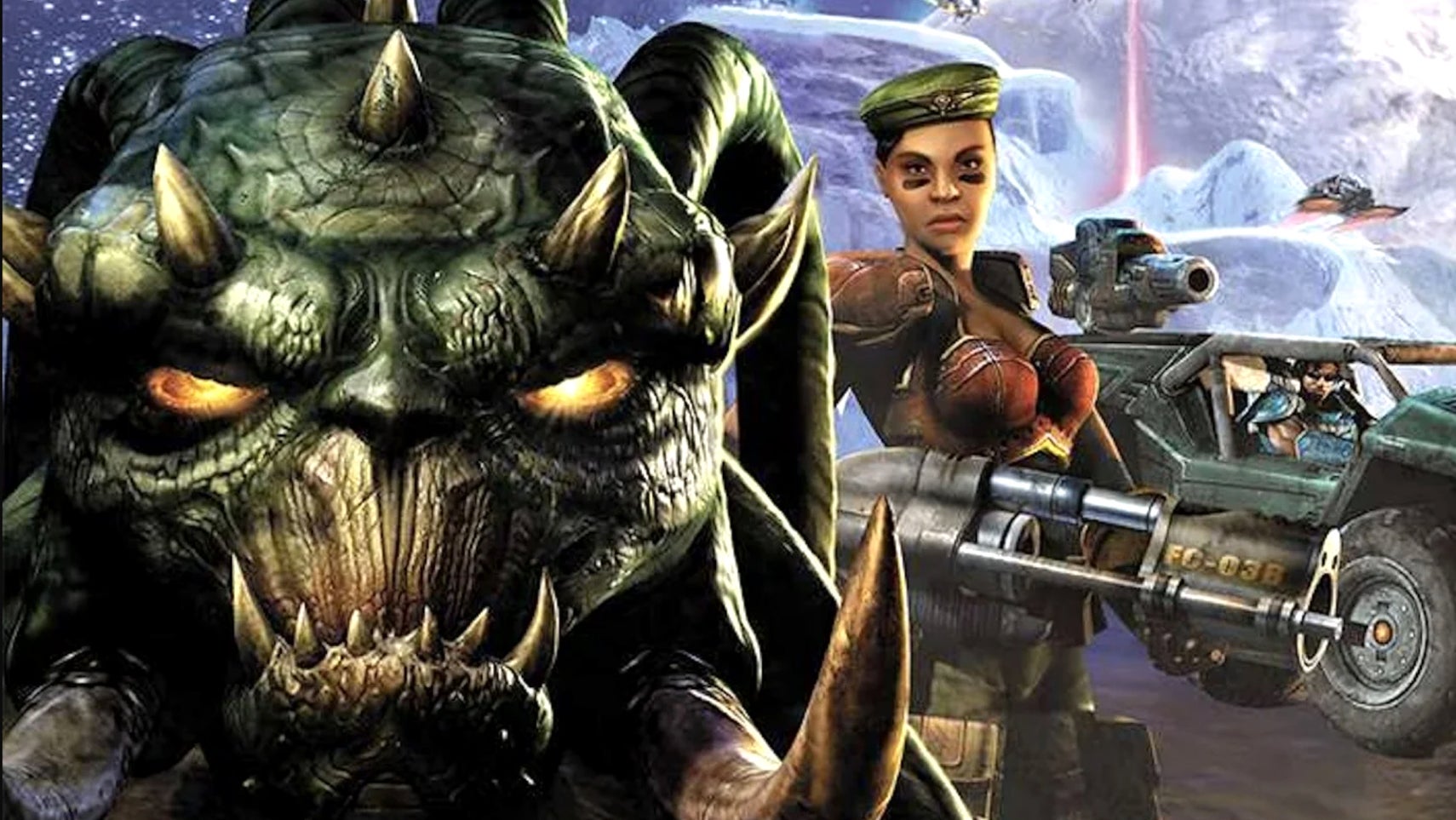 Unreal Tournament 2004 artwork featuring an alien in the foreground and a humanoid soldier to the rear.