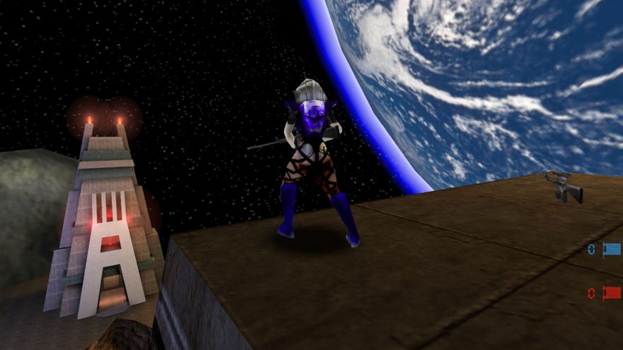 A sniper looks down on a space temple in Unreal Tournament.