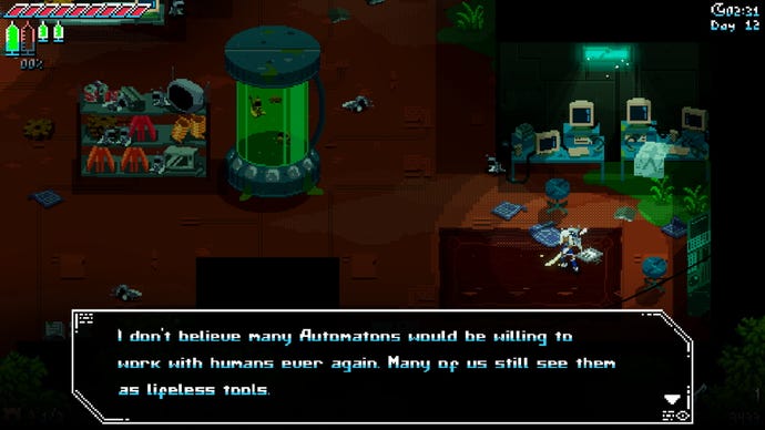 A white-haired robot reads a diary log in a smashed up lab in Unsighted