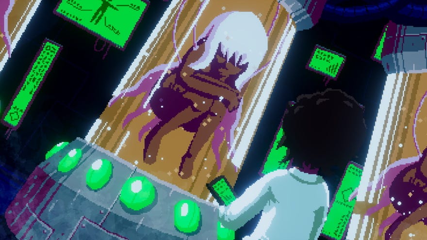 A white-haired robot girl sleeps inside a tube of liquid in Unsighted