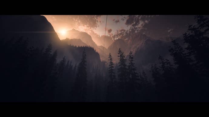A panoramic view following the cable car up the mountain at the beginning of Until Dawn.
