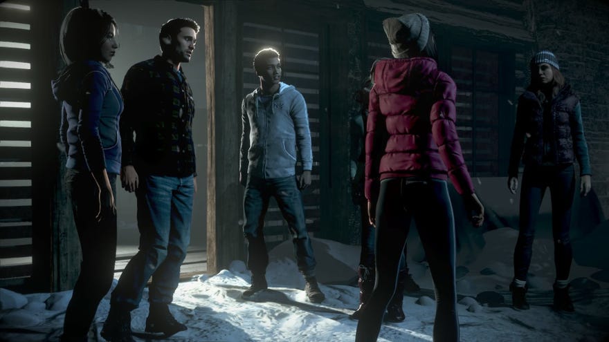 A group of characters gather in the snow in Until Dawn