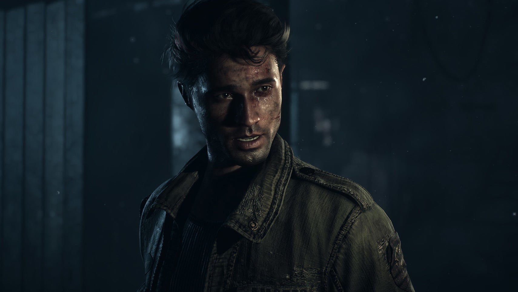 A man covered in sweat, dirt, and scratches stood in a dimly lit room in the Until Dawn remake. - 1