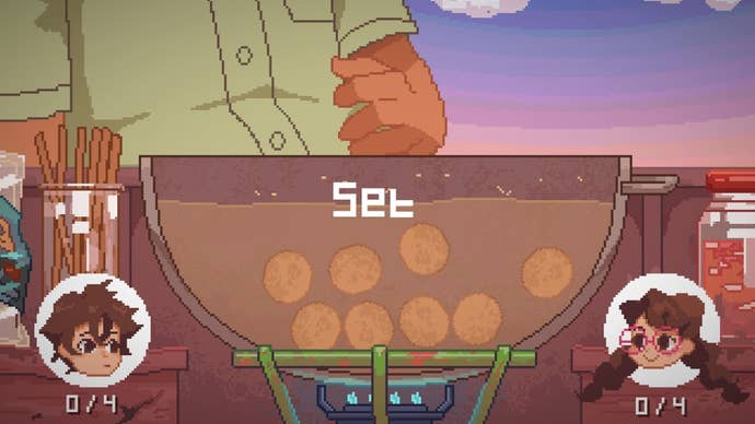 Mark and a friend partake in a street food minigame in Until Then.