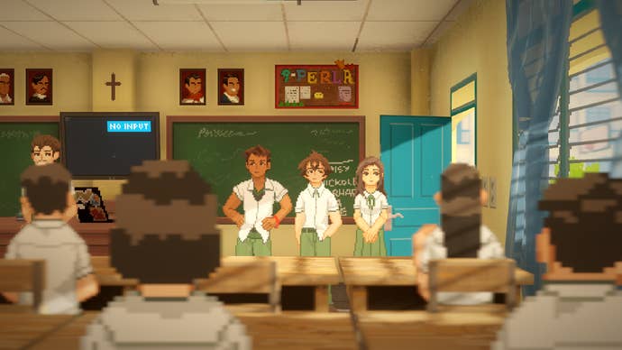 Three students stand in front of a blackboard in a classroom in Until Then