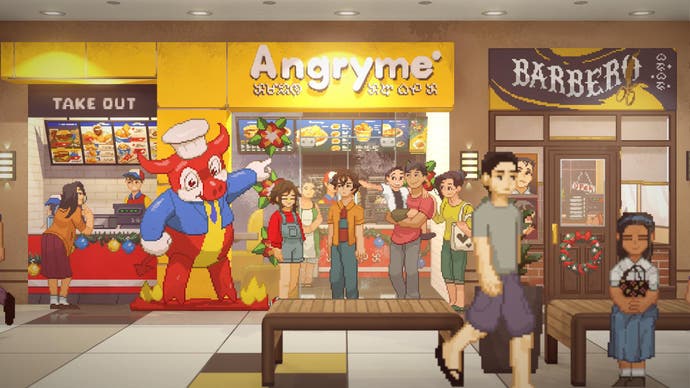 A screenshot of Until Then shows two characters in front of a fast food restaurant called Angryme.