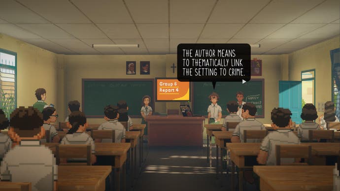 A screenshot of Until Then shows students reporting in front of a classroom.