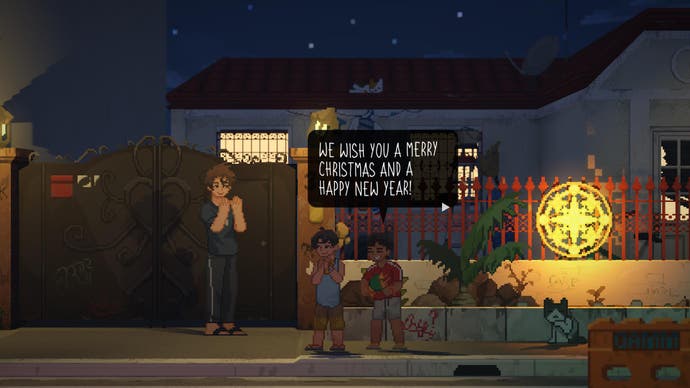 A screenshot of Until Then shows Christmas carolers singing in front of a house.