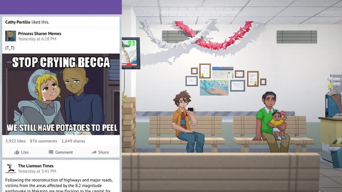 A screenshot of Until Then shows the main character, Mark, checking a meme of a cartoon.