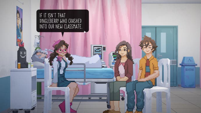 A screenshot of Until Then shows characters chatting while at the hospital.
